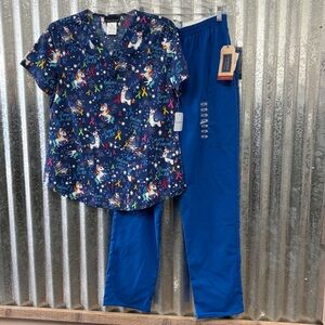 Women’s Scrub Set-Print Top-Royal Pants-S top/XS Regular Length Pant